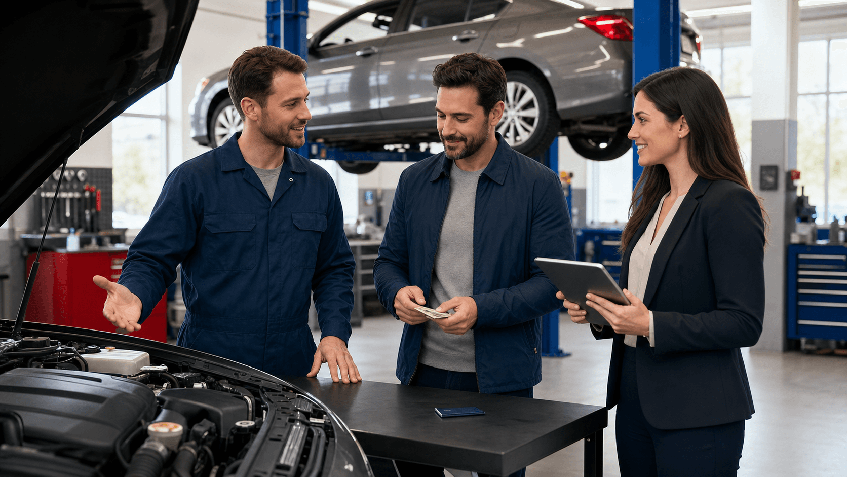 Mechanic in blue coveralls holding a clipboard beside a car with open hood in a bright auto shop.