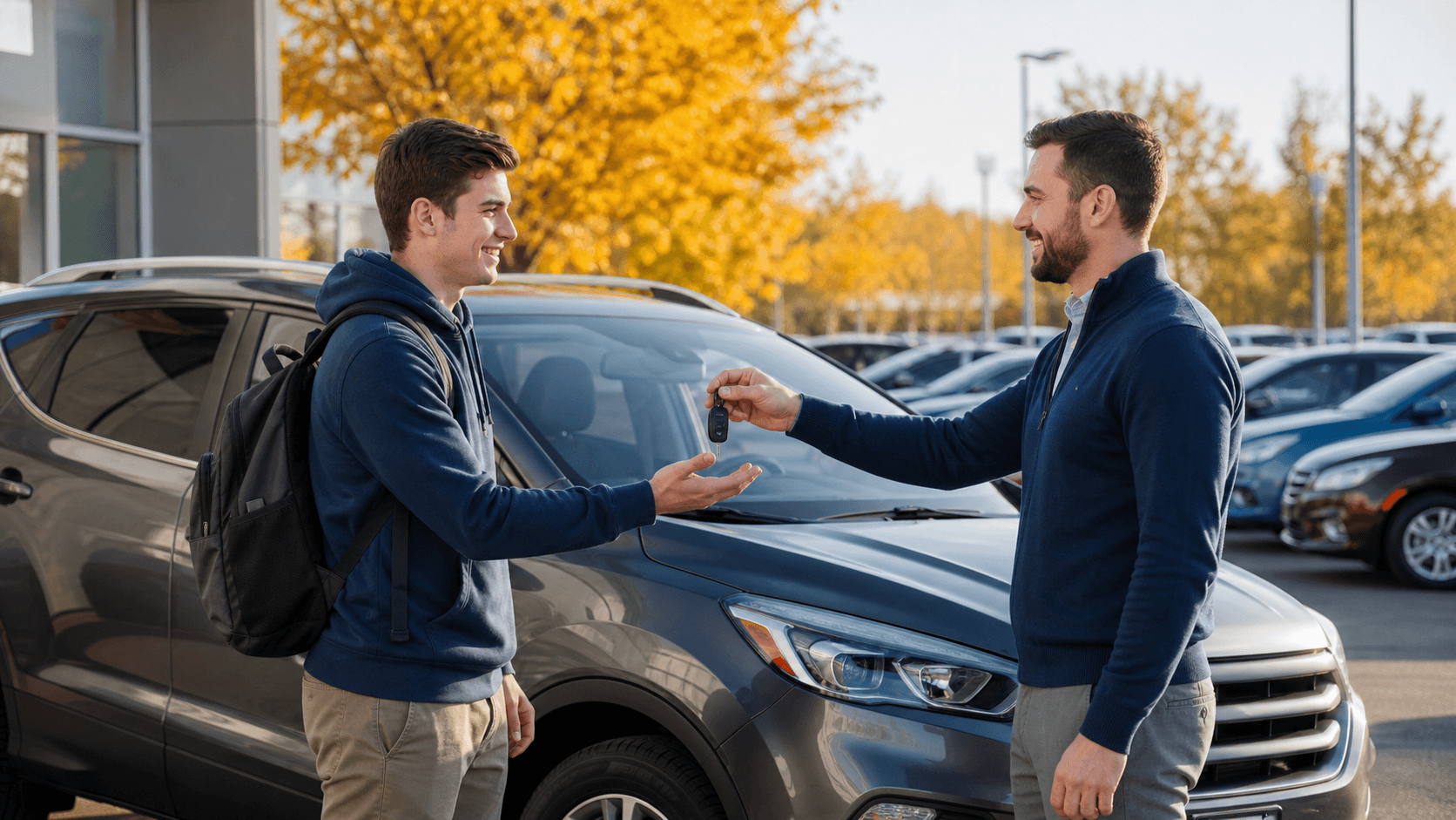 Smiling student with backpack beside a silver sedan in a sunny dealership lot, holding car keys.