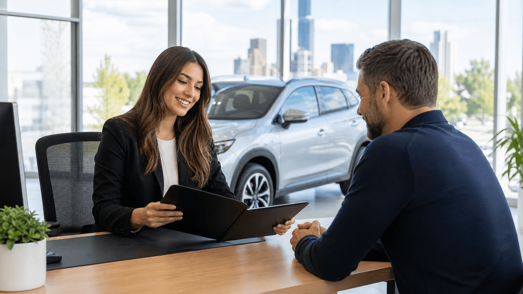 Smiling couple reviewing car loan documents beside a silver sedan at a bright dealership.