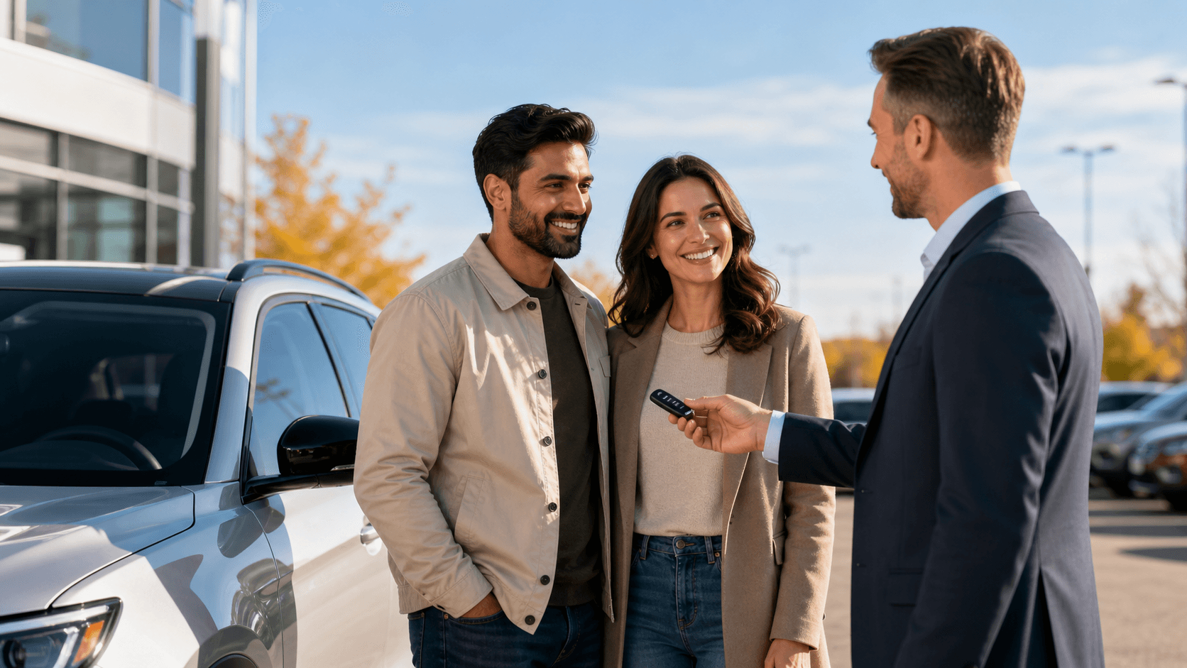 Smiling couple reviewing car financing papers beside a red sedan in a bright Edmonton dealership.